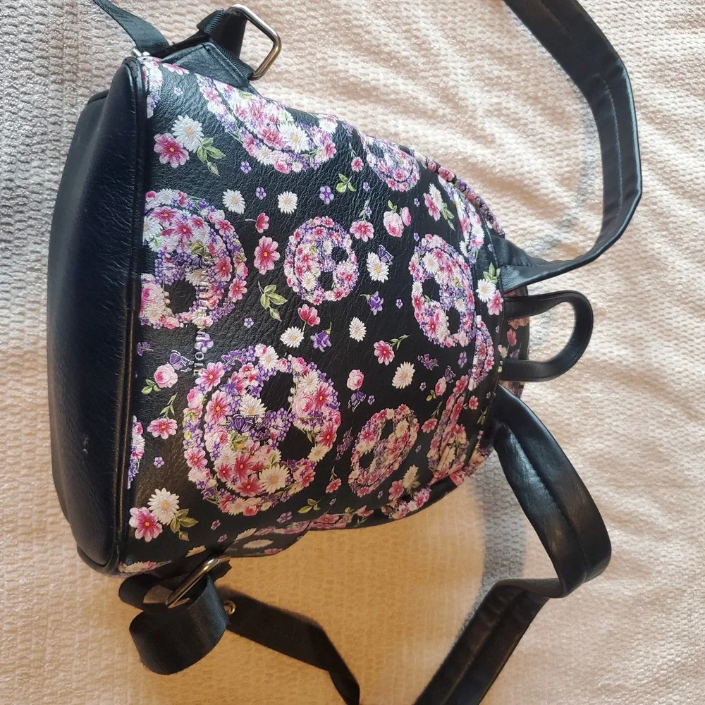 Danielle Nicole Disney Floral Skull Mini Backpack Black Faux Leather Bag *read* - Picture 2 of 8